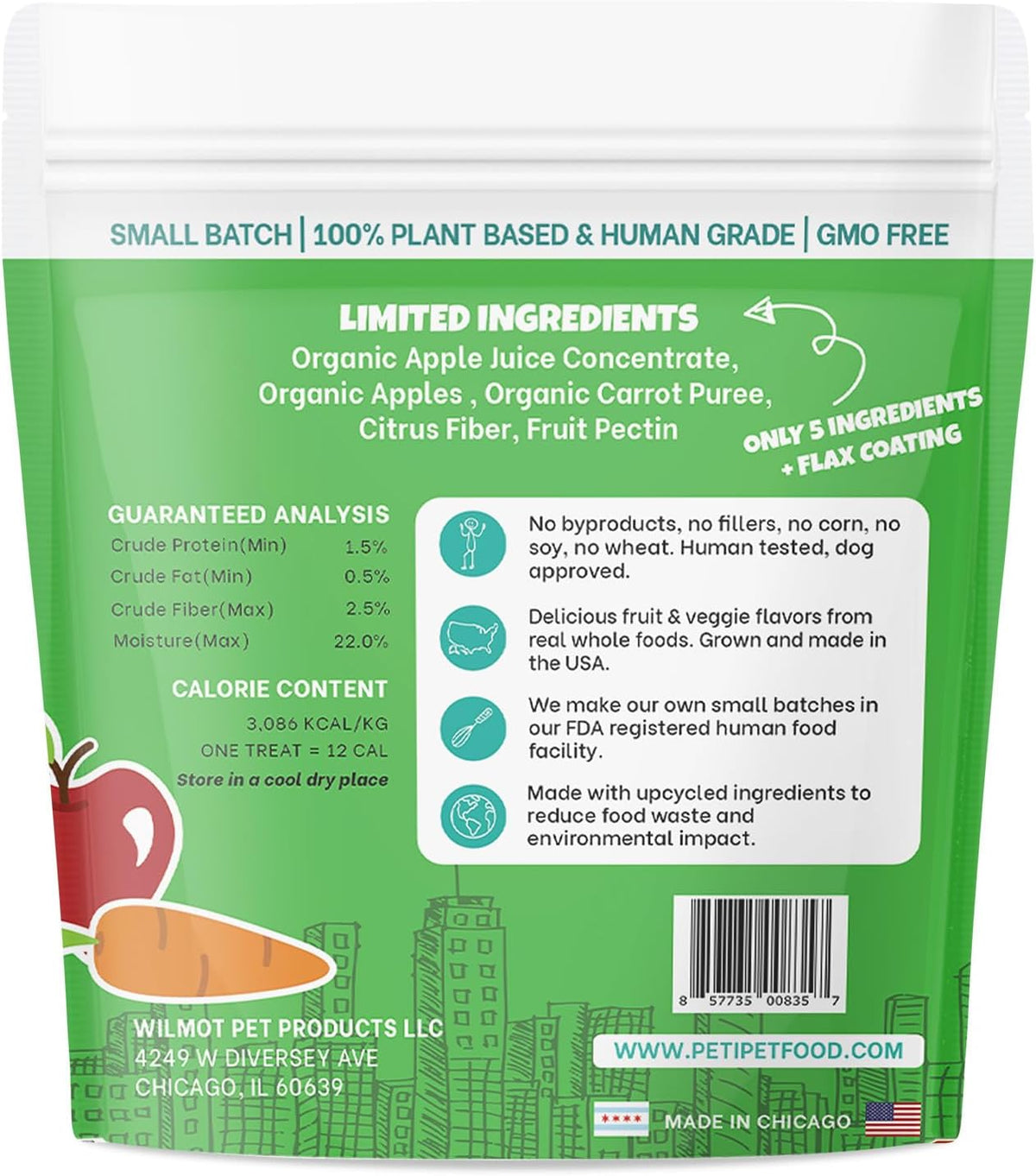 Apples+Carrots Plant-Based Fruit Dog Treats - Carrot and Apple Soft & Chewy - Healthy Vegetarian, Vegan Dog Treats with Organic Ingredients - Low-Protein, Hypoallergenic, Gluten-Free