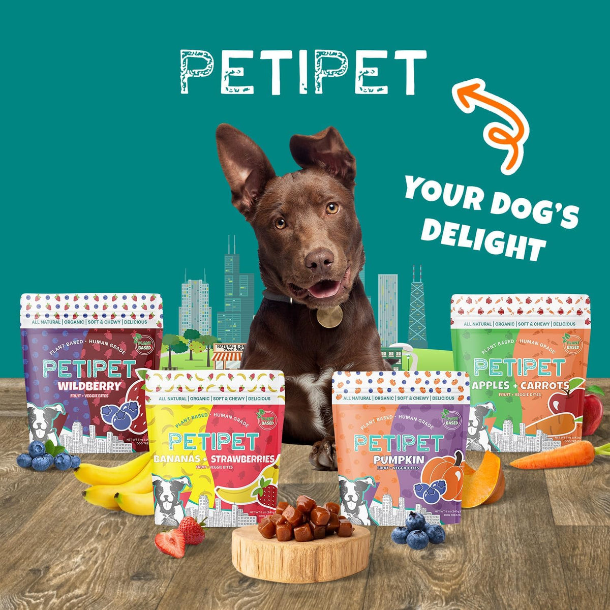 Apples+Carrots Plant-Based Fruit Dog Treats - Carrot and Apple Soft & Chewy - Healthy Vegetarian, Vegan Dog Treats with Organic Ingredients - Low-Protein, Hypoallergenic, Gluten-Free