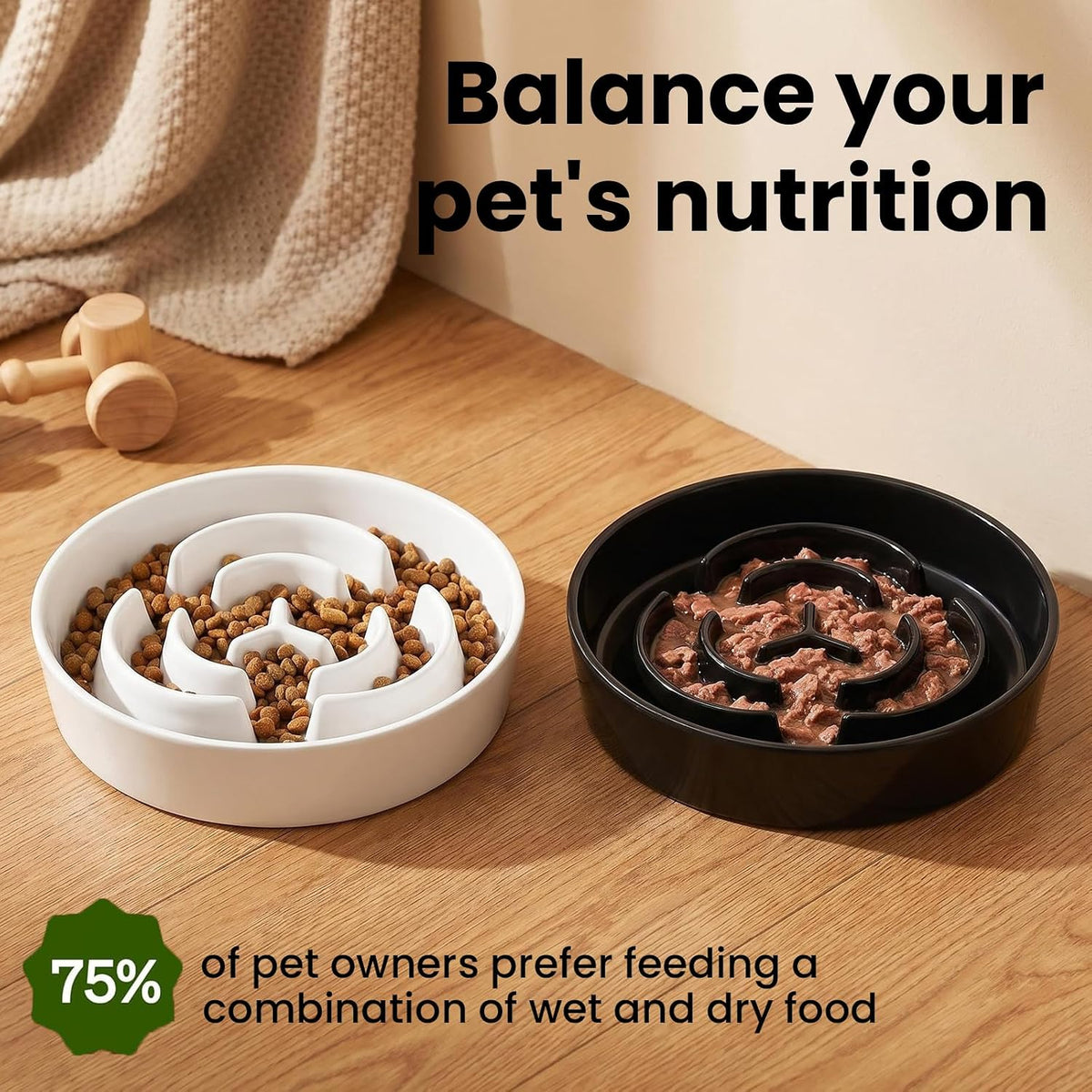 Ceramic Slow Feeder Dog Bowls 1.6 Cups for Medium & Small Fast Eaters,White