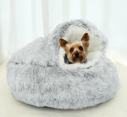 Dog Cave Bed for Small Dogs Cats Pets, Anti Anxiety Calming Plush Dog Beds, Fluffy Covered Hooded Cozy Burrow Puppy Beds, Anti-Slip Bottom Washable Pet Sleeping Bag (20" D, Grey)