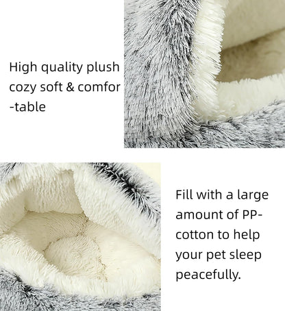 Dog Cave Bed for Small Dogs Cats Pets, Anti Anxiety Calming Plush Dog Beds, Fluffy Covered Hooded Cozy Burrow Puppy Beds, Anti-Slip Bottom Washable Pet Sleeping Bag (20" D, Grey)