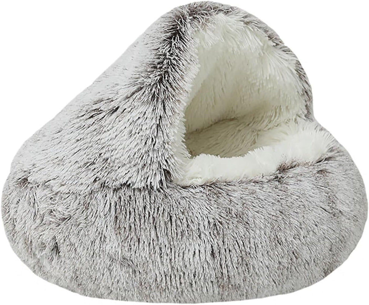 Dog Cave Bed for Small Dogs Cats Pets, Anti Anxiety Calming Plush Dog Beds, Fluffy Covered Hooded Cozy Burrow Puppy Beds, Anti-Slip Bottom Washable Pet Sleeping Bag (20" D, Grey)