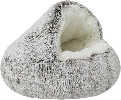 Dog Cave Bed for Small Dogs Cats Pets, Anti Anxiety Calming Plush Dog Beds, Fluffy Covered Hooded Cozy Burrow Puppy Beds, Anti-Slip Bottom Washable Pet Sleeping Bag (20" D, Grey)