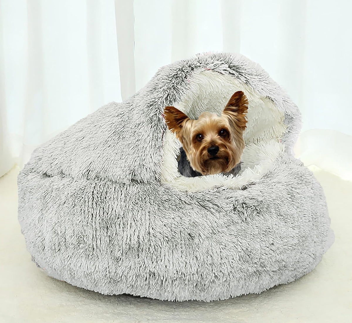 Dog Cave Bed for Small Dogs Cats Pets, Anti Anxiety Calming Plush Dog Beds, Fluffy Covered Hooded Cozy Burrow Puppy Beds, Anti-Slip Bottom Washable Pet Sleeping Bag (20" D, Grey)