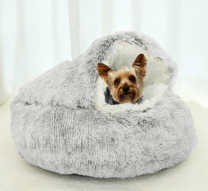 Dog Cave Bed for Small Dogs Cats Pets, Anti Anxiety Calming Plush Dog Beds, Fluffy Covered Hooded Cozy Burrow Puppy Beds, Anti-Slip Bottom Washable Pet Sleeping Bag (20" D, Grey)