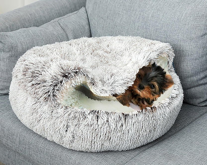 Dog Cave Bed for Small Dogs Cats Pets, Anti Anxiety Calming Plush Dog Beds, Fluffy Covered Hooded Cozy Burrow Puppy Beds, Anti-Slip Bottom Washable Pet Sleeping Bag (20" D, Grey)