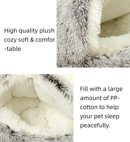 Dog Cave Bed for Small Dogs Cats Pets, Anti Anxiety Calming Plush Dog Beds, Fluffy Covered Hooded Cozy Burrow Puppy Beds, Anti-Slip Bottom Washable Pet Sleeping Bag (20" D, Grey)