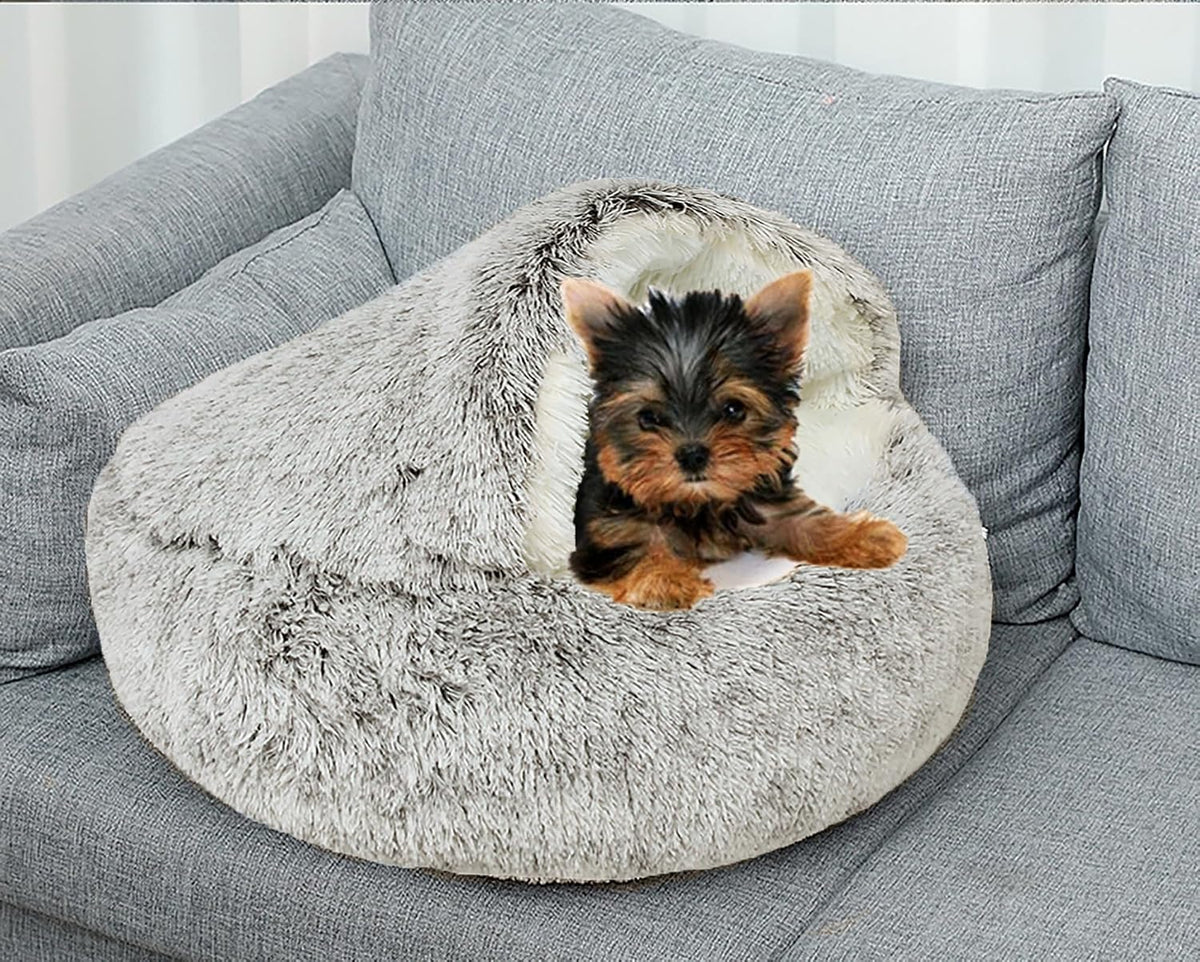 Dog Cave Bed for Small Dogs Cats Pets, Anti Anxiety Calming Plush Dog Beds, Fluffy Covered Hooded Cozy Burrow Puppy Beds, Anti-Slip Bottom Washable Pet Sleeping Bag (20" D, Grey)