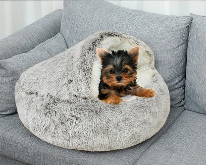 Dog Cave Bed for Small Dogs Cats Pets, Anti Anxiety Calming Plush Dog Beds, Fluffy Covered Hooded Cozy Burrow Puppy Beds, Anti-Slip Bottom Washable Pet Sleeping Bag (20" D, Grey)