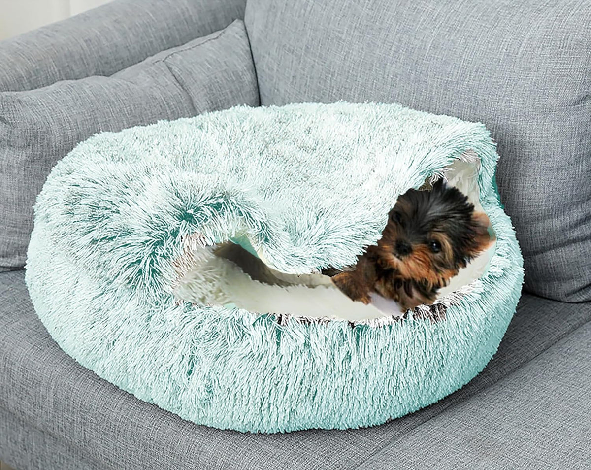 Dog Cave Bed for Small Dogs Cats Pets, Anti Anxiety Calming Plush Dog Beds, Fluffy Covered Hooded Cozy Burrow Puppy Beds, Anti-Slip Bottom Washable Pet Sleeping Bag (20" D, Grey)
