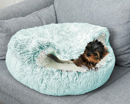 Dog Cave Bed for Small Dogs Cats Pets, Anti Anxiety Calming Plush Dog Beds, Fluffy Covered Hooded Cozy Burrow Puppy Beds, Anti-Slip Bottom Washable Pet Sleeping Bag (20" D, Grey)