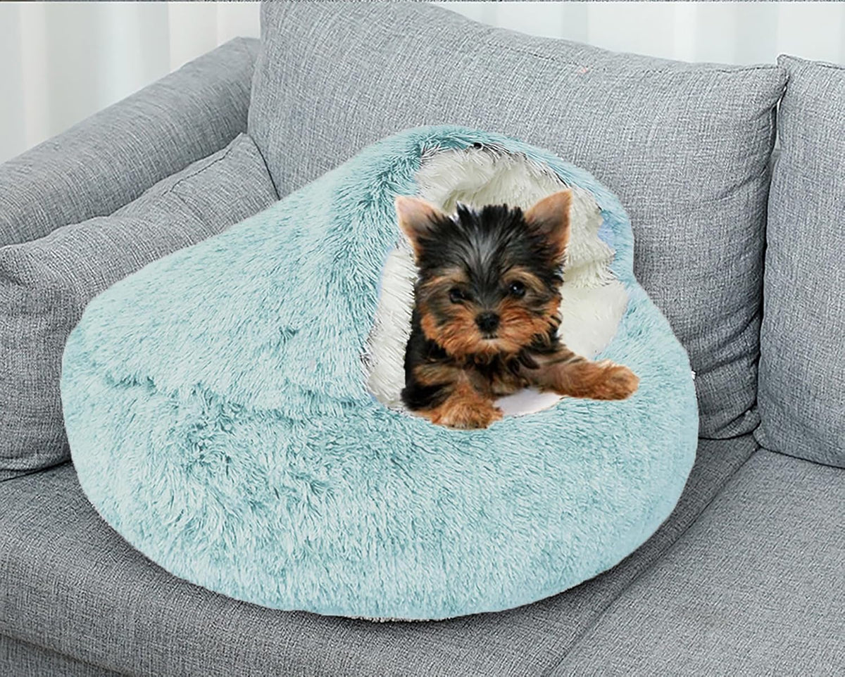 Dog Cave Bed for Small Dogs Cats Pets, Anti Anxiety Calming Plush Dog Beds, Fluffy Covered Hooded Cozy Burrow Puppy Beds, Anti-Slip Bottom Washable Pet Sleeping Bag (20" D, Grey)