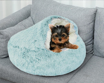 Dog Cave Bed for Small Dogs Cats Pets, Anti Anxiety Calming Plush Dog Beds, Fluffy Covered Hooded Cozy Burrow Puppy Beds, Anti-Slip Bottom Washable Pet Sleeping Bag (20" D, Grey)