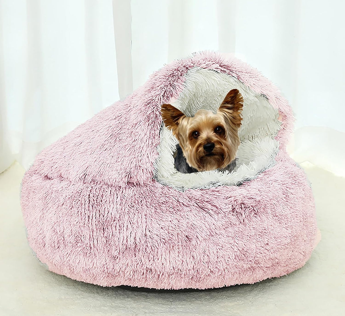 Dog Cave Bed for Small Dogs Cats Pets, Anti Anxiety Calming Plush Dog Beds, Fluffy Covered Hooded Cozy Burrow Puppy Beds, Anti-Slip Bottom Washable Pet Sleeping Bag (20" D, Grey)