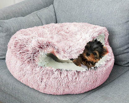 Dog Cave Bed for Small Dogs Cats Pets, Anti Anxiety Calming Plush Dog Beds, Fluffy Covered Hooded Cozy Burrow Puppy Beds, Anti-Slip Bottom Washable Pet Sleeping Bag (20" D, Grey)