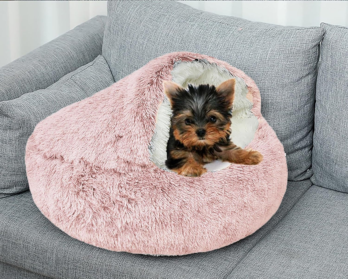 Dog Cave Bed for Small Dogs Cats Pets, Anti Anxiety Calming Plush Dog Beds, Fluffy Covered Hooded Cozy Burrow Puppy Beds, Anti-Slip Bottom Washable Pet Sleeping Bag (20" D, Grey)