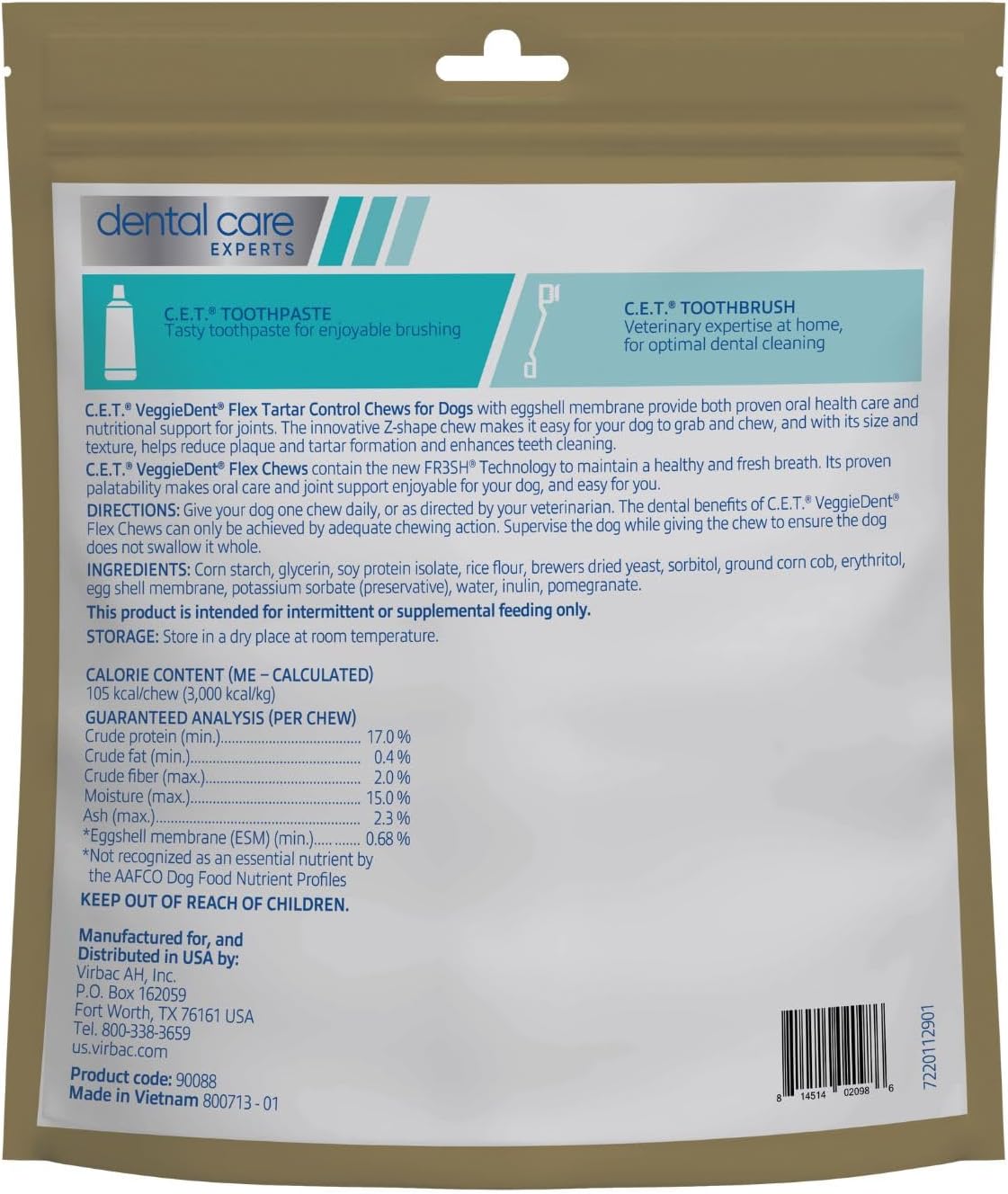 C.E.T. Veggiedent Fr3sh & Flex Plaque and Tartar Control Chew for Dogs, S