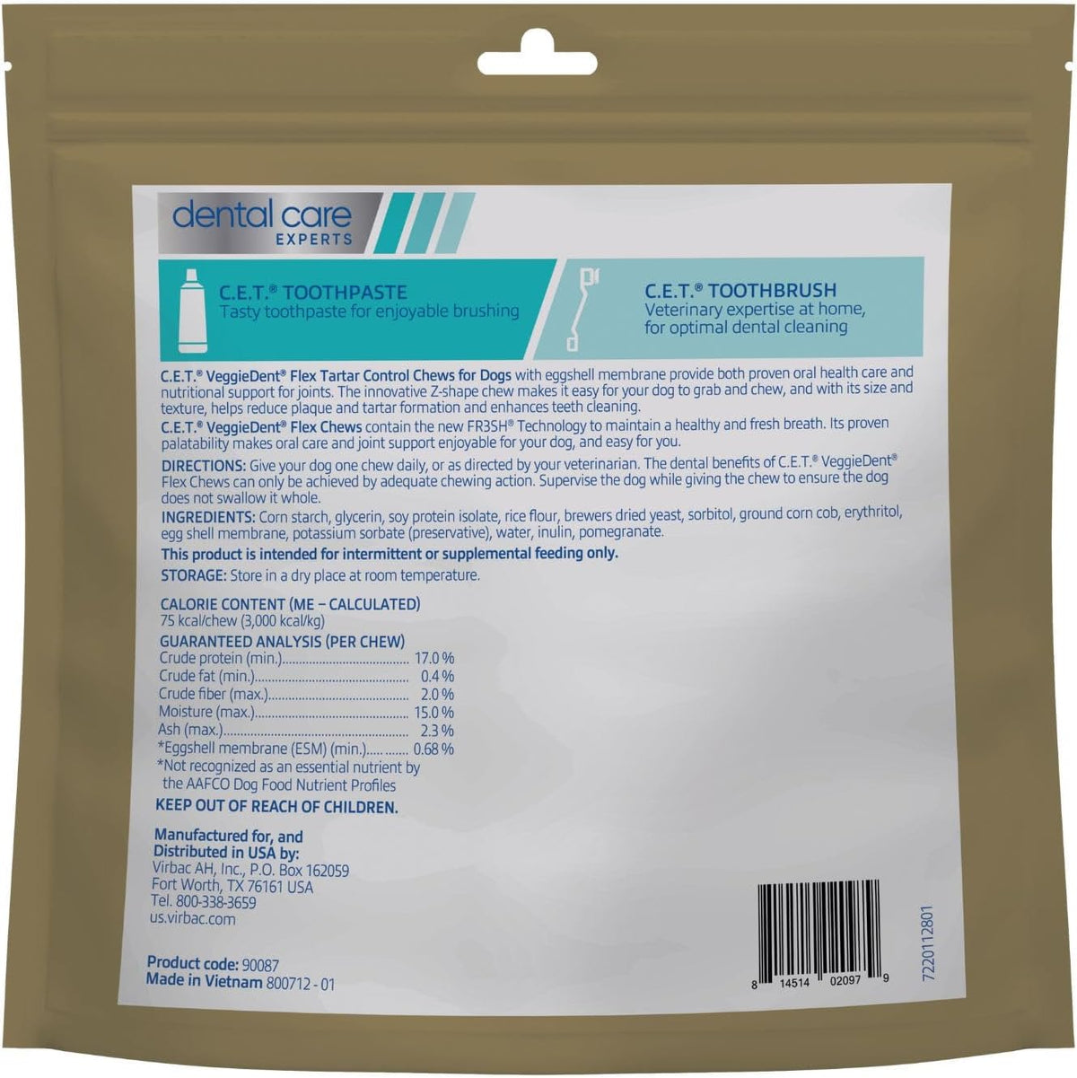 C.E.T. Veggiedent Fr3sh & Flex Plaque and Tartar Control Chew for Dogs, S