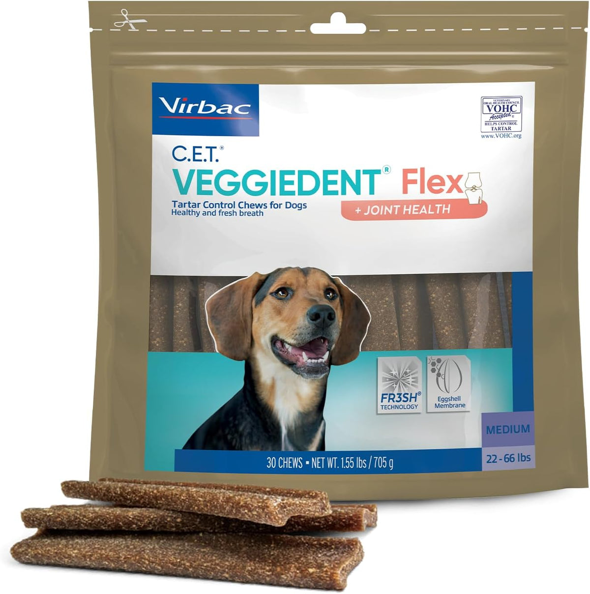 C.E.T. Veggiedent Fr3sh & Flex Plaque and Tartar Control Chew for Dogs, S