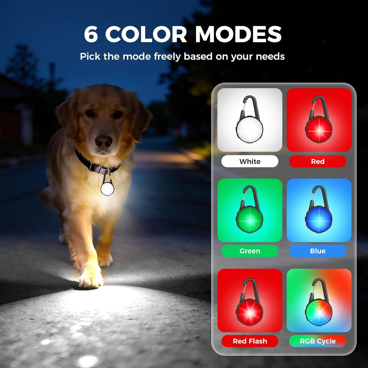 2 Pack Double Sided Dog Collar Light, 6 Modes Dog Lights for Night Walking, Rechargeable LED Pet Collar Light for Nighttime Clip on, IP68 Waterproof Pet Walking Accessories