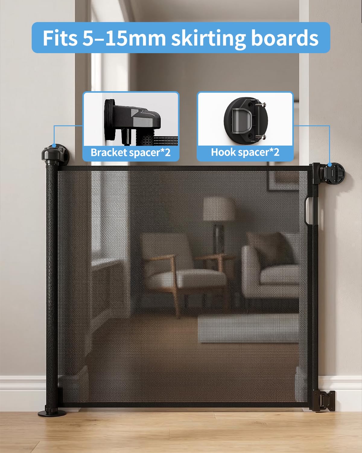 Retractable Baby Gate for Doorways and Stairs, Mesh Safety Gate for Pet, Indoor & Outdoor Use, One-Hand Operation, Easy Installation, 33.6" Tall, Expands to 55" Wide（Black,33.6"x55"