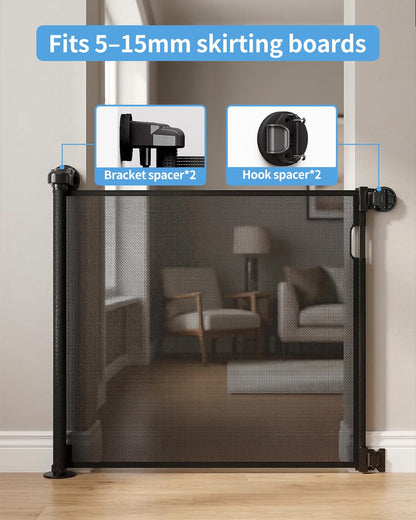 Retractable Baby Gate for Doorways and Stairs, Mesh Safety Gate for Pet, Indoor & Outdoor Use, One-Hand Operation, Easy Installation, 33.6" Tall, Expands to 55" Wide（Black,33.6"x55"