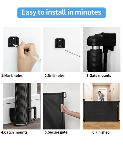 Retractable Baby Gate for Doorways and Stairs, Mesh Safety Gate for Pet, Indoor & Outdoor Use, One-Hand Operation, Easy Installation, 33.6" Tall, Expands to 55" Wide（Black,33.6"x55"