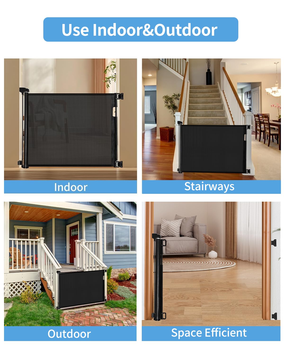 Retractable Baby Gate for Doorways and Stairs, Mesh Safety Gate for Pet, Indoor & Outdoor Use, One-Hand Operation, Easy Installation, 33.6" Tall, Expands to 55" Wide（Black,33.6"x55"