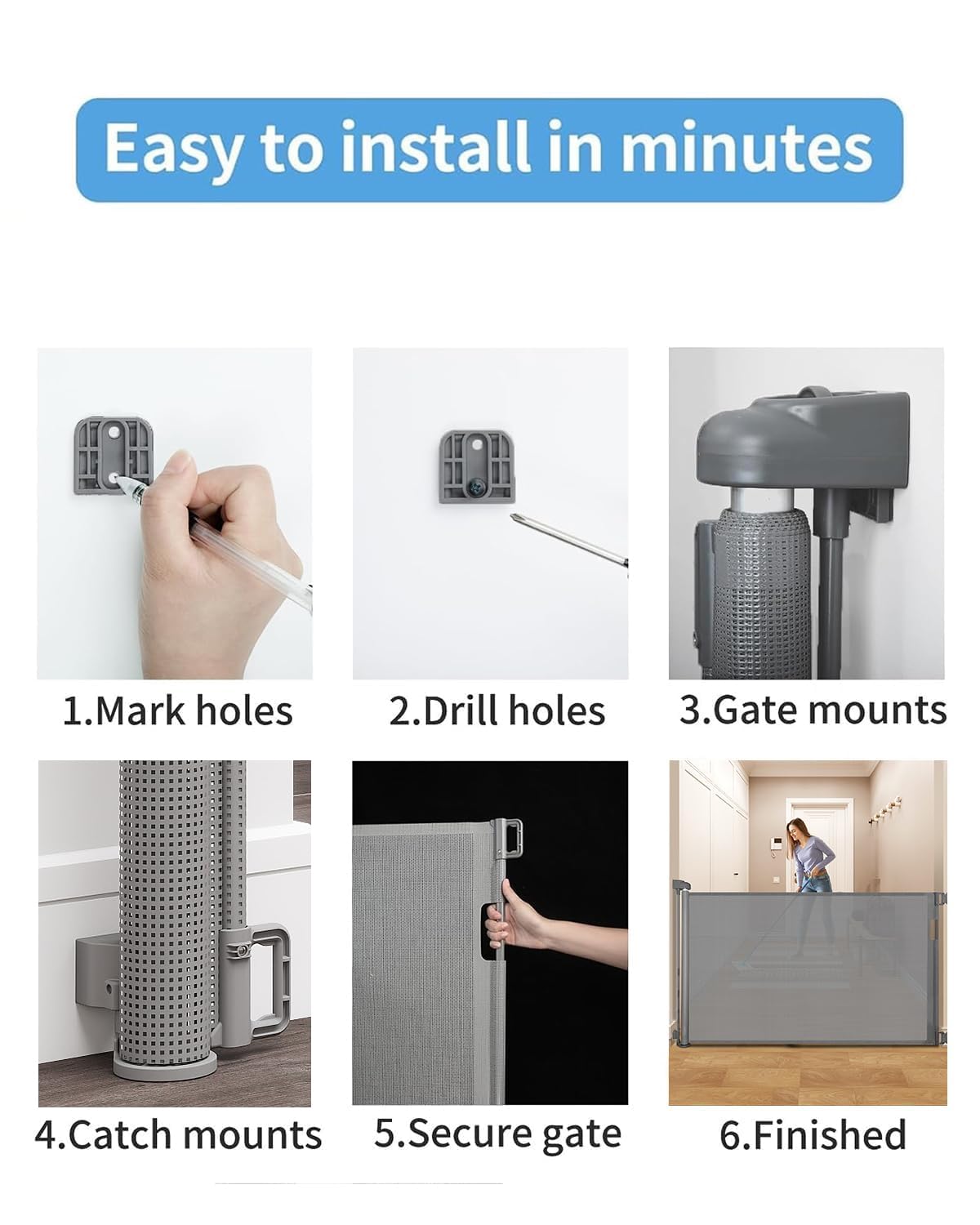 Retractable Baby Gate for Doorways and Stairs, Mesh Safety Gate for Pet, Indoor & Outdoor Use, One-Hand Operation, Easy Installation, 33.6" Tall, Expands to 55" Wide（Black,33.6"x55"