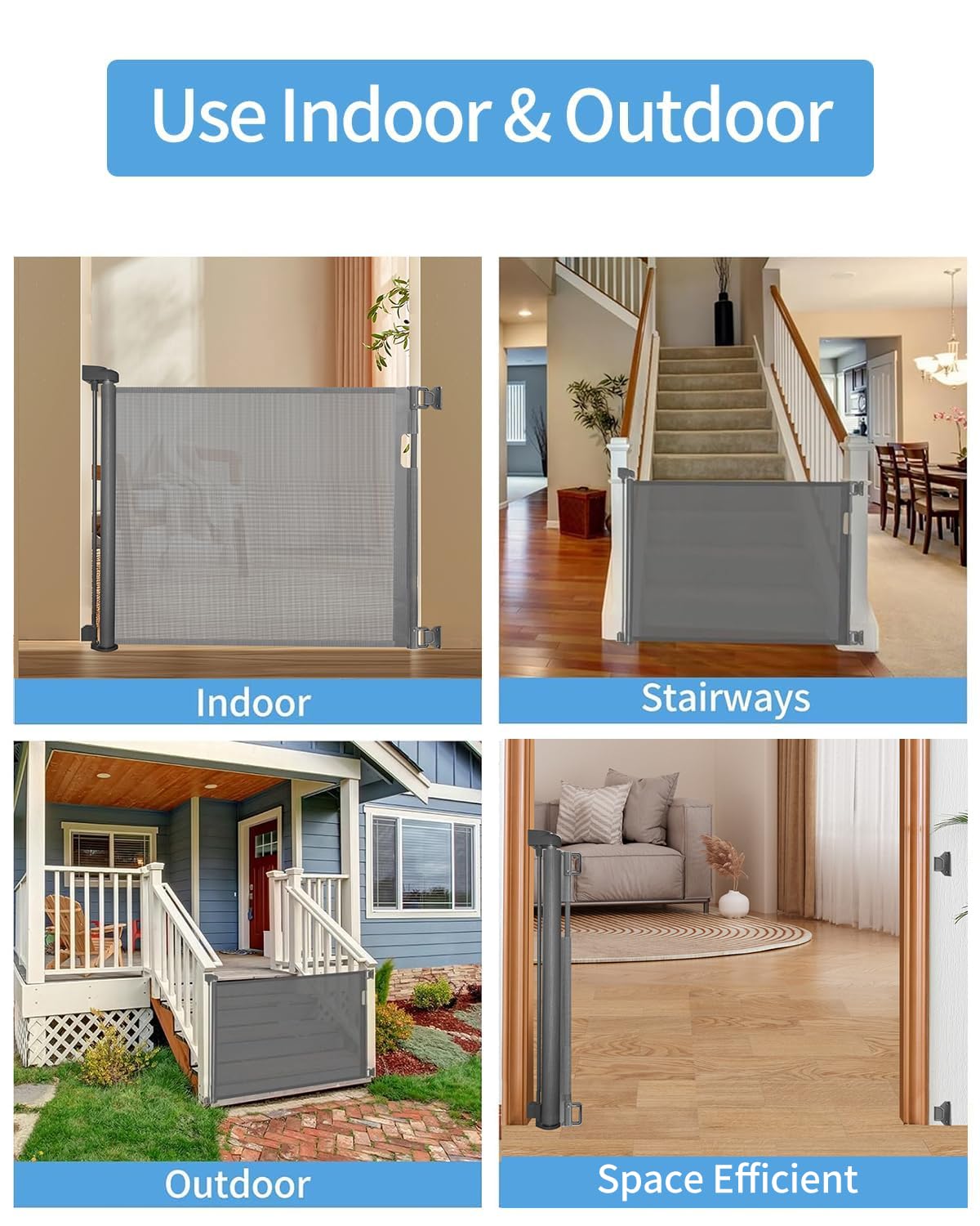Retractable Baby Gate for Doorways and Stairs, Mesh Safety Gate for Pet, Indoor & Outdoor Use, One-Hand Operation, Easy Installation, 33.6" Tall, Expands to 55" Wide（Black,33.6"x55"