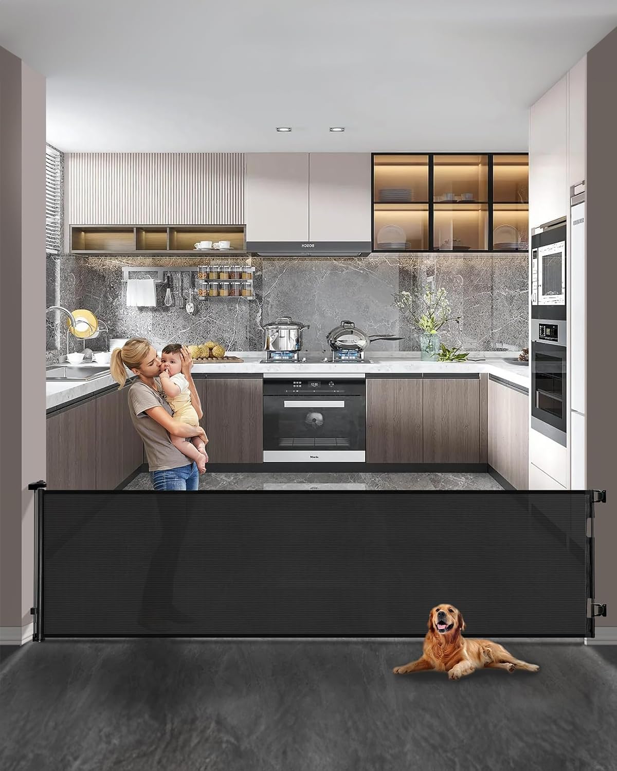 Retractable Baby Gate for Doorways and Stairs, Mesh Safety Gate for Pet, Indoor & Outdoor Use, One-Hand Operation, Easy Installation, 33.6" Tall, Expands to 55" Wide（Black,33.6"x55"