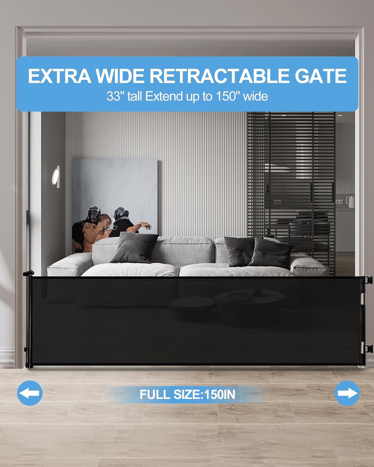 Retractable Baby Gate for Doorways and Stairs, Mesh Safety Gate for Pet, Indoor & Outdoor Use, One-Hand Operation, Easy Installation, 33.6" Tall, Expands to 55" Wide（Black,33.6"x55"