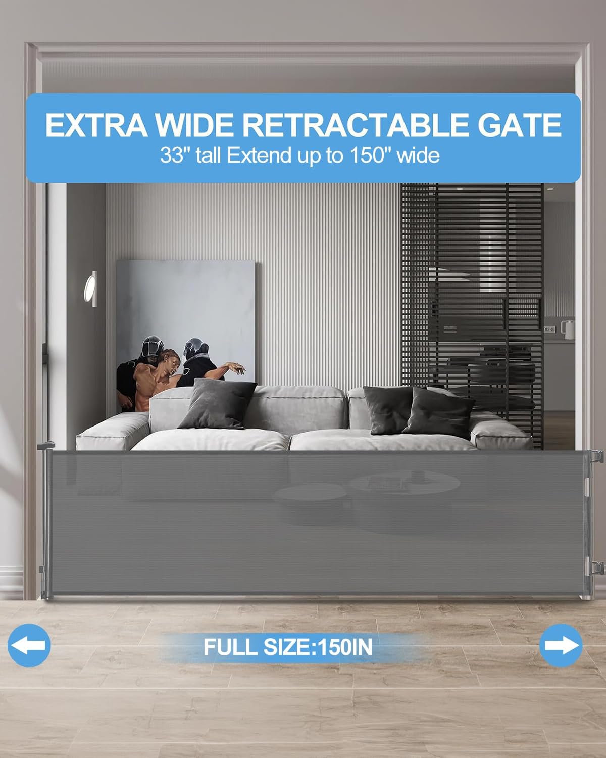 Retractable Baby Gate for Doorways and Stairs, Mesh Safety Gate for Pet, Indoor & Outdoor Use, One-Hand Operation, Easy Installation, 33.6" Tall, Expands to 55" Wide（Black,33.6"x55"