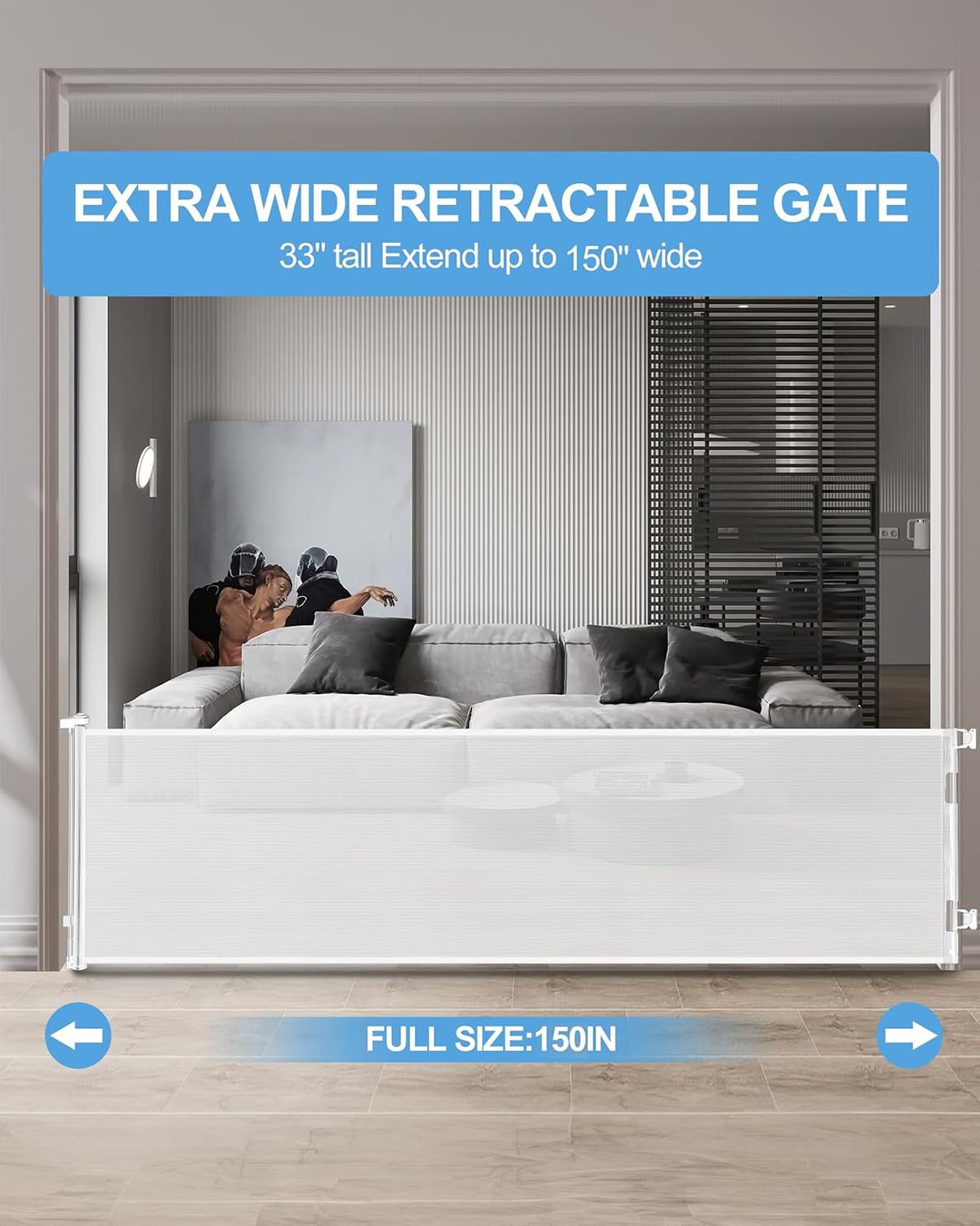 Retractable Baby Gate for Doorways and Stairs, Mesh Safety Gate for Pet, Indoor & Outdoor Use, One-Hand Operation, Easy Installation, 33.6" Tall, Expands to 55" Wide（Black,33.6"x55"