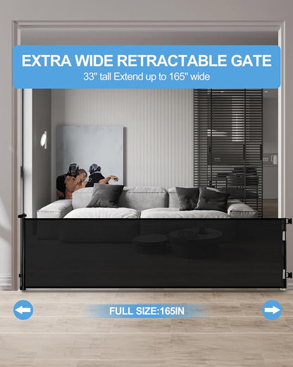 Retractable Baby Gate for Doorways and Stairs, Mesh Safety Gate for Pet, Indoor & Outdoor Use, One-Hand Operation, Easy Installation, 33.6" Tall, Expands to 55" Wide（Black,33.6"x55"