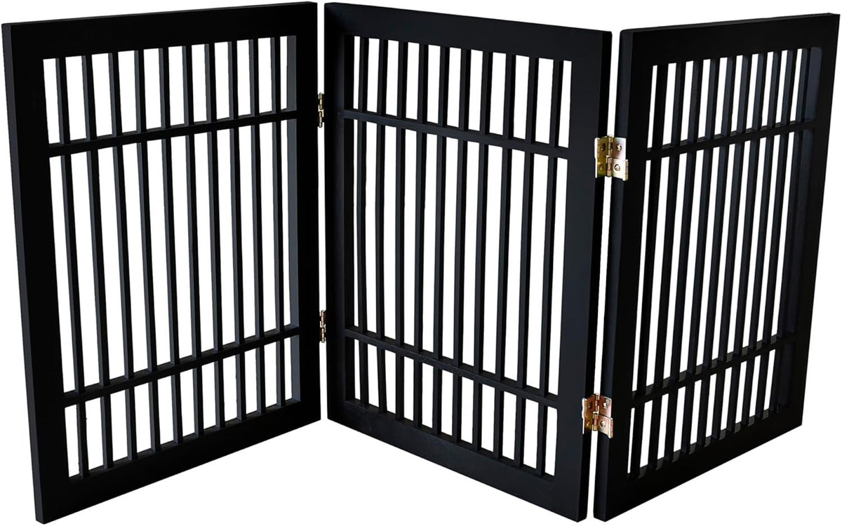 Freestanding Wooden Dog Gate Foldable Indoor Pet Gate No Drill Expandable Barrier for Doorways Stairs Hallways Portable Wood Fence for Small Dogs & Puppies (Brown Pet Gate, 4 Panel 24" Tall)
