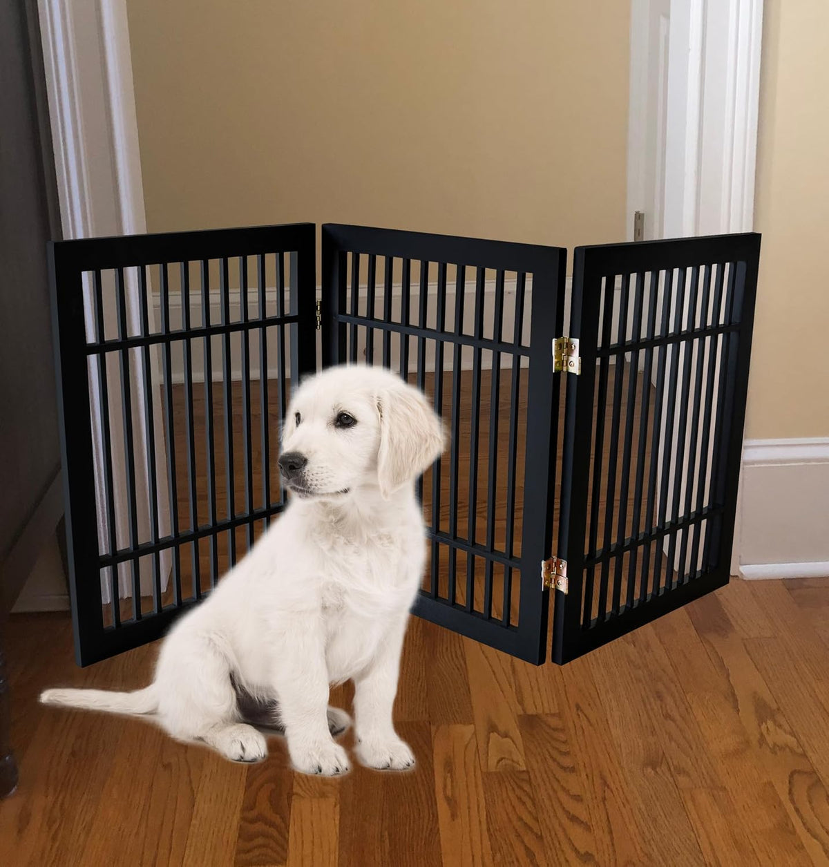 Freestanding Wooden Dog Gate Foldable Indoor Pet Gate No Drill Expandable Barrier for Doorways Stairs Hallways Portable Wood Fence for Small Dogs & Puppies (Brown Pet Gate, 4 Panel 24" Tall)