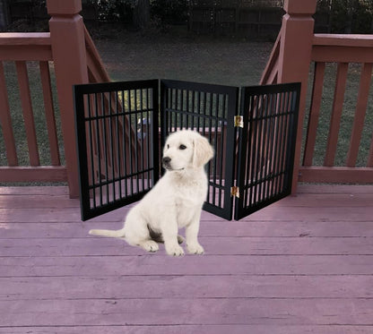 Freestanding Wooden Dog Gate Foldable Indoor Pet Gate No Drill Expandable Barrier for Doorways Stairs Hallways Portable Wood Fence for Small Dogs & Puppies (Brown Pet Gate, 4 Panel 24" Tall)