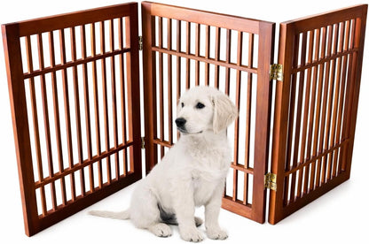 Freestanding Wooden Dog Gate Foldable Indoor Pet Gate No Drill Expandable Barrier for Doorways Stairs Hallways Portable Wood Fence for Small Dogs & Puppies (Brown Pet Gate, 4 Panel 24" Tall)