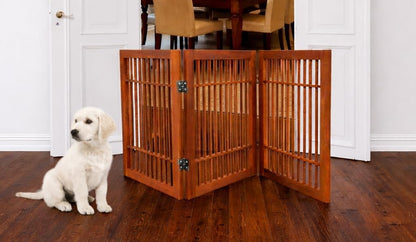 Freestanding Wooden Dog Gate Foldable Indoor Pet Gate No Drill Expandable Barrier for Doorways Stairs Hallways Portable Wood Fence for Small Dogs & Puppies (Brown Pet Gate, 4 Panel 24" Tall)