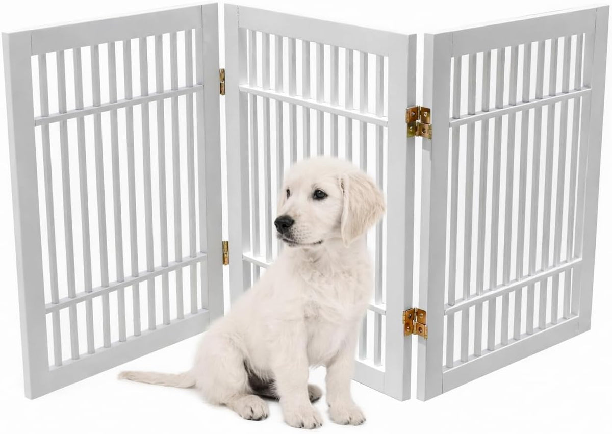 Freestanding Wooden Dog Gate Foldable Indoor Pet Gate No Drill Expandable Barrier for Doorways Stairs Hallways Portable Wood Fence for Small Dogs & Puppies (Brown Pet Gate, 4 Panel 24" Tall)