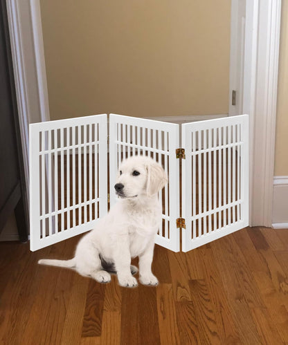 Freestanding Wooden Dog Gate Foldable Indoor Pet Gate No Drill Expandable Barrier for Doorways Stairs Hallways Portable Wood Fence for Small Dogs & Puppies (Brown Pet Gate, 4 Panel 24" Tall)