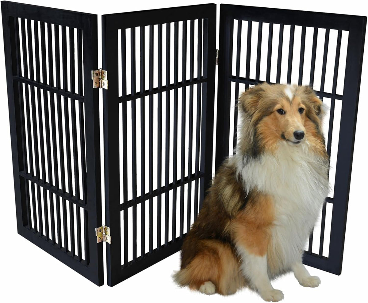 Freestanding Wooden Dog Gate Foldable Indoor Pet Gate No Drill Expandable Barrier for Doorways Stairs Hallways Portable Wood Fence for Small Dogs & Puppies (Brown Pet Gate, 4 Panel 24" Tall)