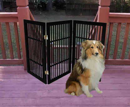 Freestanding Wooden Dog Gate Foldable Indoor Pet Gate No Drill Expandable Barrier for Doorways Stairs Hallways Portable Wood Fence for Small Dogs & Puppies (Brown Pet Gate, 4 Panel 24" Tall)