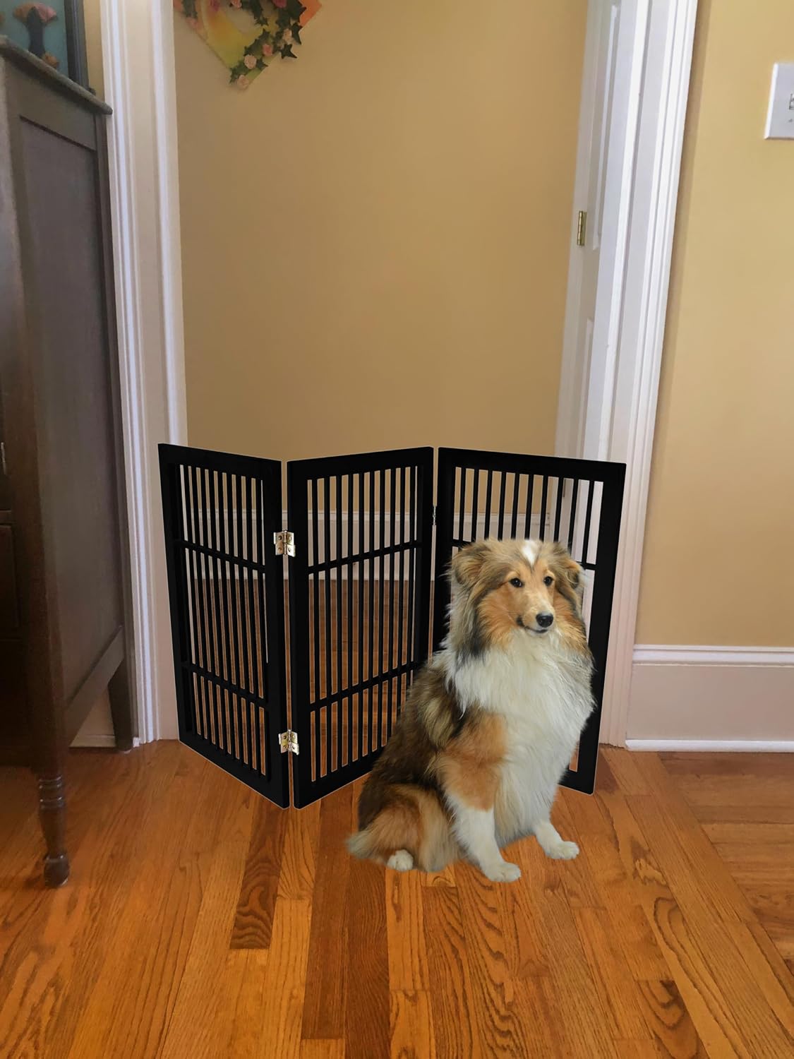 Freestanding Wooden Dog Gate Foldable Indoor Pet Gate No Drill Expandable Barrier for Doorways Stairs Hallways Portable Wood Fence for Small Dogs & Puppies (Brown Pet Gate, 4 Panel 24" Tall)