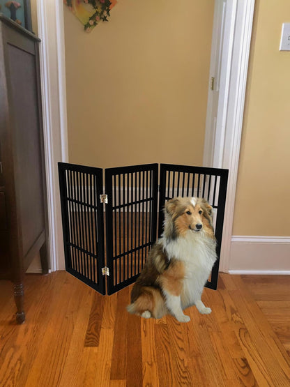 Freestanding Wooden Dog Gate Foldable Indoor Pet Gate No Drill Expandable Barrier for Doorways Stairs Hallways Portable Wood Fence for Small Dogs & Puppies (Brown Pet Gate, 4 Panel 24" Tall)