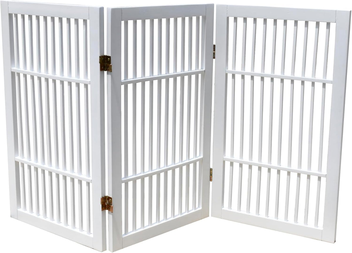 Freestanding Wooden Dog Gate Foldable Indoor Pet Gate No Drill Expandable Barrier for Doorways Stairs Hallways Portable Wood Fence for Small Dogs & Puppies (Brown Pet Gate, 4 Panel 24" Tall)