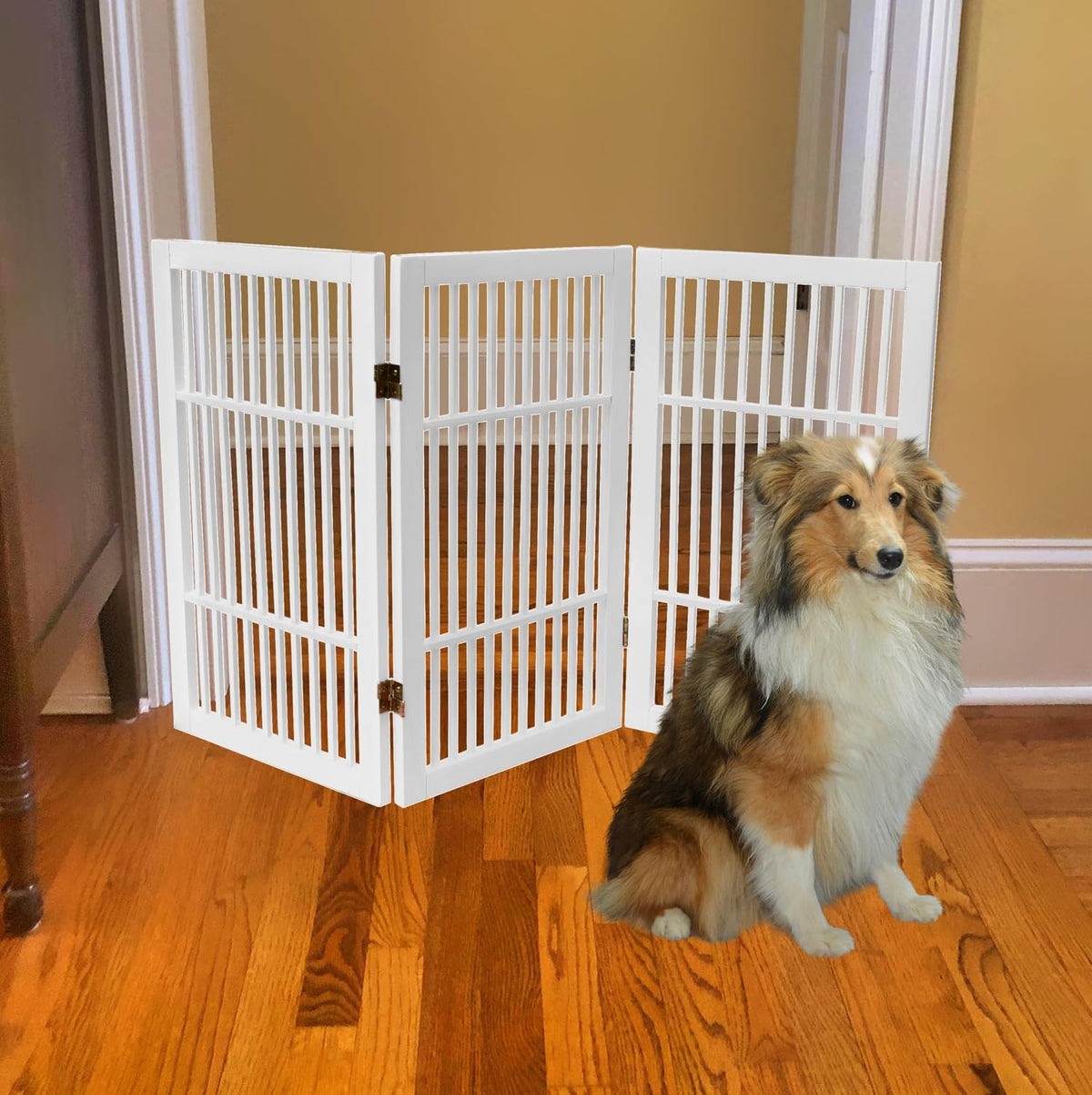 Freestanding Wooden Dog Gate Foldable Indoor Pet Gate No Drill Expandable Barrier for Doorways Stairs Hallways Portable Wood Fence for Small Dogs & Puppies (Brown Pet Gate, 4 Panel 24" Tall)