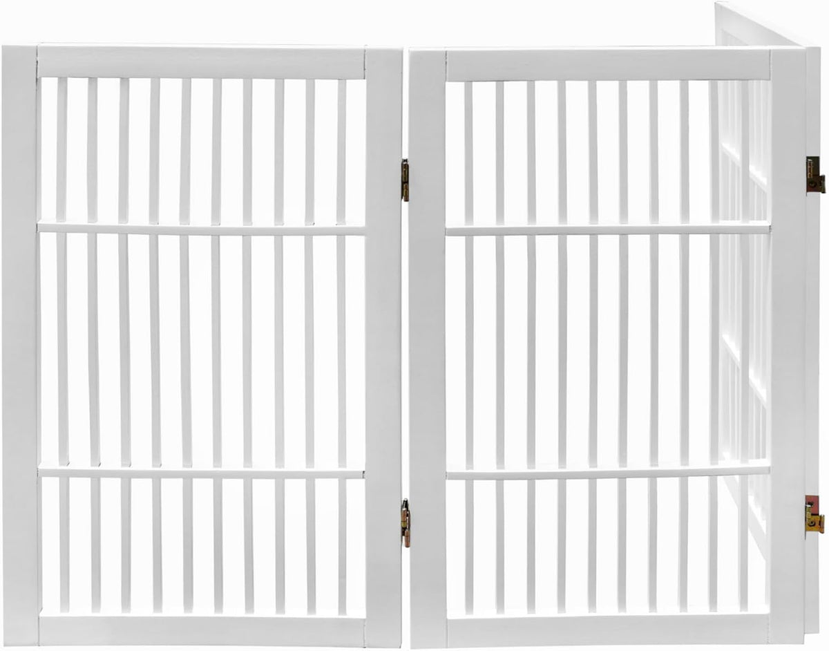 Freestanding Wooden Dog Gate Foldable Indoor Pet Gate No Drill Expandable Barrier for Doorways Stairs Hallways Portable Wood Fence for Small Dogs & Puppies (Brown Pet Gate, 4 Panel 24" Tall)