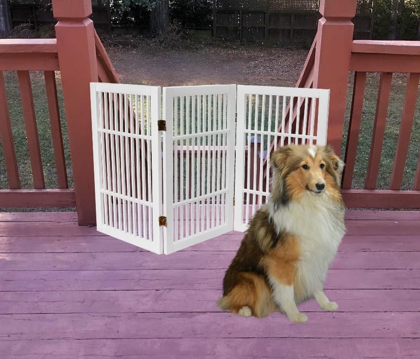 Freestanding Wooden Dog Gate Foldable Indoor Pet Gate No Drill Expandable Barrier for Doorways Stairs Hallways Portable Wood Fence for Small Dogs & Puppies (Brown Pet Gate, 4 Panel 24" Tall)